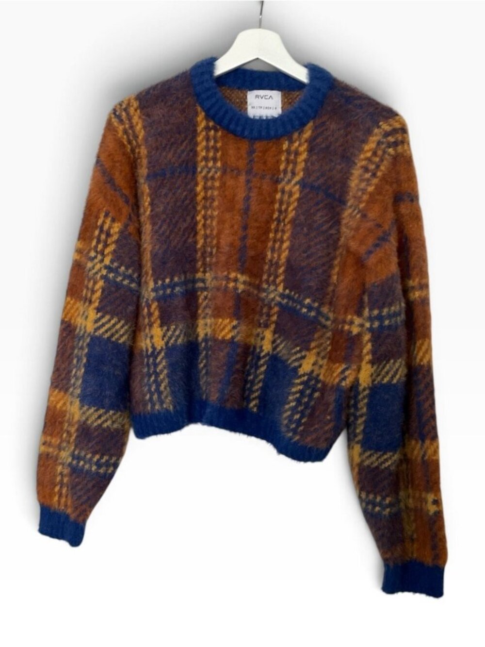 RVCA Women's Brown Blue Plaid Fuzzy Knit Sweater XS Nylon Acrylic Crewneck